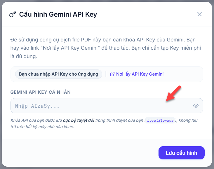Nhập thông tin API Key vào ứng dụng